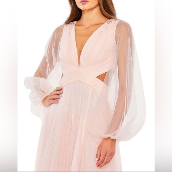 Mac Duggal 70174 TULLE SHEER LONG SLEEVE CUT OUT LACE UP A LINE GOWN NWT - Picture 4 of 17